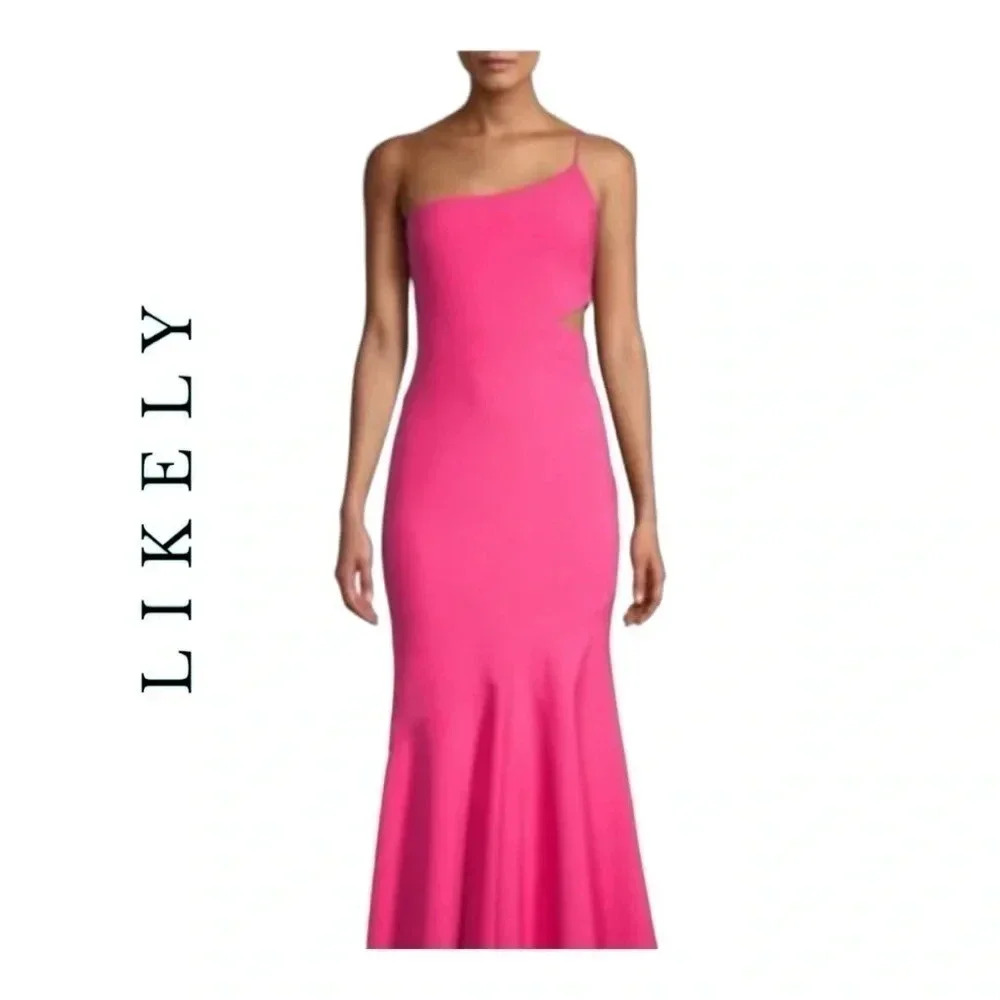 1399. LIKELY FINA GOWN PINK IN COLOR SIZE 2 ONE SHOULDER CUTOUT ON SIDE MERMAID